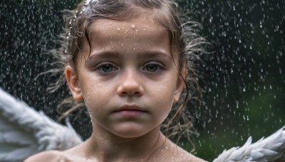 1girl,solo,looking at viewer,short hair,brown hair,closed mouth,wings,water,lips,wet,grey eyes,expressionless,messy hair,portrait,feathered wings,rain,angel wings,water drop,realistic,white wings,angel,wet hair,brown eyes,green eyes,eyelashes,close-up