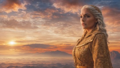 1girl,solo,long hair,upper body,braid,white hair,hairband,outdoors,sky,cloud,armor,lips,looking to the side,looking away,sunlight,cloudy sky,scenery,sunset,mountain,realistic,nose,fantasy,sun,looking afar,landscape,mountainous horizon