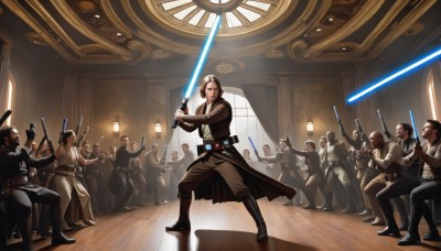 1girl,long hair,multiple girls,brown hair,gloves,hat,holding,weapon,boots,multiple boys,belt,pants,sword,indoors,holding weapon,uniform,vest,gun,window,facial hair,parody,holding sword,rifle,handgun,science fiction,dual wielding,6+boys,energy sword,lightsaber,looking at viewer,male focus,hood,cape,mask,scar,helmet,cloak,beard,robe,fighting stance,realistic,battle,bald,animification,energy gun