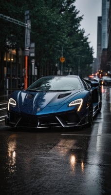 outdoors,sky,blurry,tree,no humans,ground vehicle,building,scenery,motor vehicle,reflection,rain,city,sign,car,road,vehicle focus,lamppost,street,sports car,night