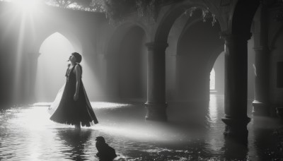 1girl,solo,short hair,dress,standing,monochrome,greyscale,sleeveless,indoors,water,from side,sunlight,scenery,wading,reflection,light rays,long dress,sunbeam,pillar,church,arch,long hair,light particles,ripples