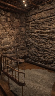 indoors,no humans,from above,chair,table,scenery,wooden floor,rock,stairs,ceiling light,railing,light,wall,bridge,ceiling,stone,railroad tracks,stone floor,stone wall