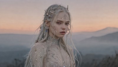 1girl,solo,long hair,looking at viewer,blue eyes,hair ornament,dress,jewelry,upper body,white hair,grey hair,earrings,outdoors,parted lips,sky,necklace,white dress,blurry,lips,see-through,grey eyes,blurry background,facial mark,gem,portrait,mountain,realistic,mountainous horizon,breasts,expressionless