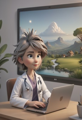 1girl,solo,smile,short hair,blue eyes,shirt,long sleeves,sitting,closed mouth,upper body,grey hair,sky,day,cloud,indoors,water,tree,lips,grey eyes,window,chair,table,thick eyebrows,grass,plant,building,desk,mountain,labcoat,purple shirt,pen,computer,monitor,river,laptop,stethoscope,doctor,child,scenery,realistic,nose