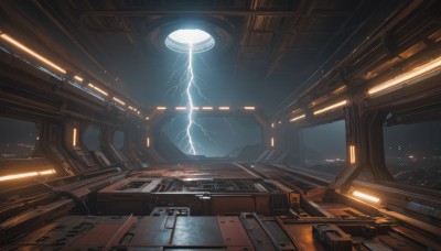 indoors,signature,no humans,window,scenery,science fiction,electricity,cable,lightning,spacecraft,sky,glowing,building,realistic,light,space,planet,lights,laser