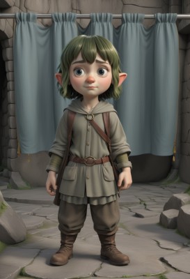 solo,looking at viewer,short hair,blue eyes,long sleeves,1boy,closed mouth,standing,full body,male focus,boots,green hair,pointy ears,belt,pants,hood,bag,black eyes,grey eyes,brown footwear,thick eyebrows,curtains,child,androgynous,rock,male child,brown pants,stone wall,1girl,signature,arms at sides,female child