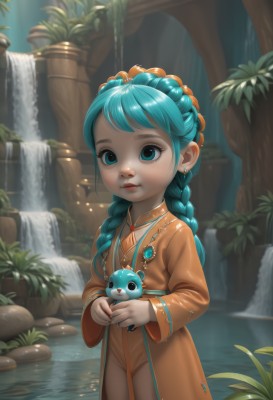 1girl,solo,long hair,looking at viewer,smile,bangs,blue eyes,hair ornament,long sleeves,holding,jewelry,blue hair,standing,braid,earrings,outdoors,parted lips,water,necklace,twin braids,aqua eyes,lips,eyelashes,aqua hair,watermark,aged down,plant,gem,child,nature,hair over shoulder,web address,wading,freckles,female child,holding animal,waterfall,pond,artist name,leaf