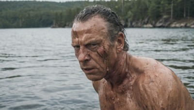 solo,looking at viewer,1boy,closed mouth,upper body,grey hair,male focus,nude,outdoors,water,blurry,black eyes,wet,blurry background,scar,portrait,realistic,old,old man,photo background,wrinkled skin,short hair,black hair,day,dark skin,topless male,very short hair