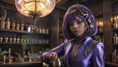 1girl,solo,looking at viewer,short hair,bangs,shirt,hair ornament,long sleeves,jewelry,purple eyes,jacket,upper body,purple hair,hairband,earrings,parted lips,necktie,collared shirt,indoors,dark skin,blunt bangs,nail polish,blurry,dark-skinned female,cup,lips,fingernails,makeup,blurry background,formal,ring,bottle,suit,plant,lipstick,eyeshadow,realistic,nose,purple shirt,purple nails,potted plant,eyeliner,purple jacket,shelf,purple lips,bar (place),holding,signature,vest,eyelashes,bob cut,alcohol,wine bottle,counter