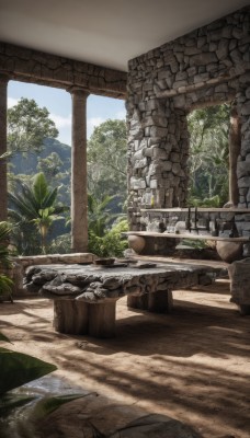 outdoors,sky,day,cloud,indoors,water,tree,no humans,window,table,plant,nature,scenery,rock,potted plant,wall,ruins,pillar,wood,blue sky,arch,column