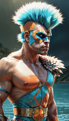 solo,1boy,jewelry,nipples,blue hair,yellow eyes,upper body,male focus,earrings,outdoors,belt,water,bracelet,tattoo,mask,muscular,abs,feathers,pectorals,muscular male,rain,topless male,facepaint,artist name,orange eyes,aqua hair,facial mark,spiked hair,armband,colored sclera,greek clothes