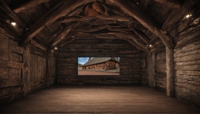 outdoors,sky,day,cloud,indoors,blue sky,no humans,window,sunlight,building,scenery,wooden floor,stairs,door,light,architecture,bridge,ceiling,hallway,arch,wall,ceiling light,wooden wall,wood