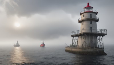 outdoors,sky,cloud,water,military,no humans,ocean,moon,cloudy sky,scenery,watercraft,ship,tower,boat,fog,grey sky,warship,night,horizon