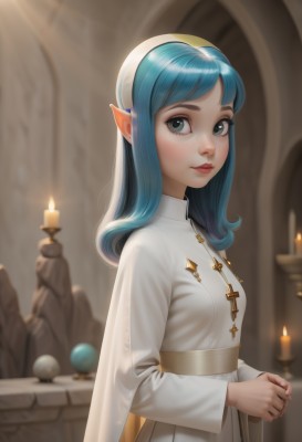 1girl,solo,long hair,breasts,looking at viewer,smile,bangs,blue eyes,long sleeves,dress,closed mouth,blue hair,standing,upper body,small breasts,pointy ears,artist name,indoors,wide sleeves,white dress,blurry,from side,lips,grey eyes,depth of field,blurry background,own hands together,cross,elf,veil,freckles,nun,candle,habit,church,shiny,shiny hair,eyelashes,watermark,sunlight,thick eyebrows,robe,light rays,realistic,nose,candlestand,candlelight