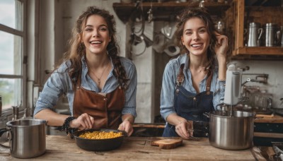 long hair,breasts,looking at viewer,smile,open mouth,multiple girls,brown hair,shirt,2girls,cleavage,brown eyes,jewelry,earrings,parted lips,food,teeth,day,collared shirt,indoors,necklace,mole,grin,blurry,apron,bracelet,lips,window,siblings,wavy hair,ring,blue shirt,sleeves rolled up,freckles,bowl,curly hair,striped shirt,realistic,overalls,cooking,kitchen,cutting board,short hair,holding,collarbone,upper body,braid,cup,table,knife,denim,sisters,steam,watch,mug,holding knife,spatula,counter,stove,kitchen knife