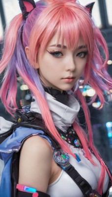 1girl,solo,long hair,breasts,looking at viewer,bangs,blue eyes,shirt,animal ears,bare shoulders,twintails,jewelry,medium breasts,closed mouth,upper body,pink hair,multicolored hair,sleeveless,cat ears,scarf,blurry,from side,lips,eyelashes,makeup,blurry background,fake animal ears,realistic,nose,strap,sidelocks,detached sleeves,necklace,grey eyes,bodysuit,depth of field,turtleneck,expressionless,backpack,science fiction,badge,button badge