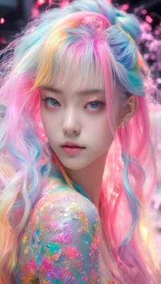 1girl,solo,long hair,looking at viewer,bangs,blue eyes,blonde hair,jewelry,closed mouth,blue hair,upper body,pink hair,multicolored hair,earrings,blurry,black eyes,two-tone hair,lips,grey eyes,petals,eyelashes,makeup,depth of field,blurry background,floral print,lipstick,portrait,eyeshadow,pink lips,realistic,nose,red lips,mascara,rainbow hair,hair ornament,parted lips,tattoo,gradient hair,wavy hair