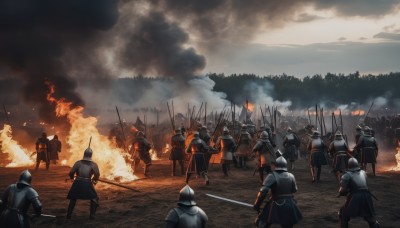 holding,weapon,outdoors,multiple boys,sky,sword,cloud,holding weapon,armor,holding sword,helmet,fire,polearm,nature,forest,smoke,6+boys,spear,flag,battle,horse,knight,full armor,soldier,burning,war,army,standing,tree,katana,cloudy sky,gauntlets,scenery,holding polearm