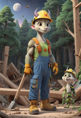 smile,gloves,1boy,hat,animal ears,brown eyes,weapon,male focus,boots,outdoors,multiple boys,wings,horns,sky,artist name,signature,2boys,tree,tattoo,night,moon,backpack,helmet,bug,star (sky),nature,night sky,furry,full moon,forest,starry sky,overalls,furry male,axe,shovel,insect wings,shirt,holding,standing,full body,shoes,watermark,brown footwear,rock,fairy wings,fake horns,yellow gloves,horned helmet,blue overalls,beetle