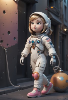 1girl,solo,blonde hair,brown eyes,closed mouth,standing,full body,shoes,blurry,black eyes,lips,blurry background,swept bangs,helmet,child,walking,realistic,pink footwear,red lips,female child,cable,american flag,spacesuit,japanese flag,space helmet,astronaut,short hair,brown hair,parted lips,bodysuit,science fiction