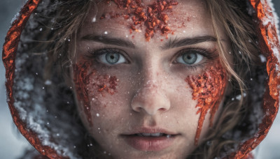 1girl, solo, looking at viewer, blue eyes, blonde hair, parted lips, hood, blurry, lips, grey eyes, eyelashes, blood, portrait, snow, close-up, hood up, blood on face, realistic