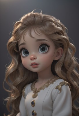 1girl,solo,long hair,looking at viewer,blue eyes,blonde hair,simple background,brown hair,shirt,dress,white shirt,upper body,parted lips,teeth,white dress,lips,grey eyes,eyelashes,wavy hair,black background,child,freckles,curly hair,realistic,nose,female child,dark background,breasts,blush,bangs,jewelry,earrings,small breasts,artist name,buttons