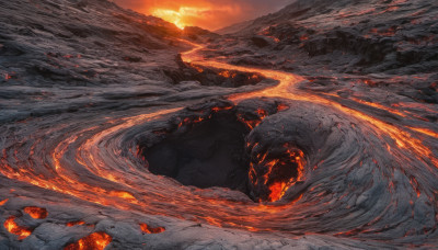 outdoors, sky, cloud, no humans, fire, scenery, sunset, rock, mountain, molten rock