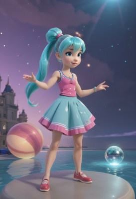 1girl,solo,long hair,smile,blue eyes,skirt,shirt,jewelry,blue hair,standing,full body,ponytail,earrings,small breasts,outdoors,sky,shoes,sleeveless,cloud,water,necklace,bracelet,aqua eyes,lips,blue skirt,aqua hair,night,moon,tank top,aged down,child,star (sky),night sky,ball,starry sky,reflection,pink shirt,sun,female child,breasts,very long hair,pleated skirt,artist name,alternate hairstyle,watermark,sneakers,web address,bubble,castle