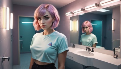 1girl,solo,breasts,looking at viewer,short hair,bangs,shirt,brown eyes,jewelry,medium breasts,closed mouth,white shirt,upper body,pink hair,short sleeves,earrings,midriff,pants,indoors,lips,crop top,makeup,piercing,t-shirt,reflection,mirror,realistic,nose,door,tiles,bathroom,tile wall,mascara,sink,faucet,artist name,grey eyes,thick eyebrows,midriff peek,crop top overhang