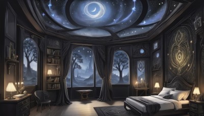 sky,cloud,indoors,star (symbol),tree,pillow,book,no humans,window,bed,night,chair,moon,table,curtains,star (sky),night sky,scenery,starry sky,wooden floor,bookshelf,lamp,candle,bedroom,crescent moon,bare tree,book stack,drawer,candlestand,desk,mountain