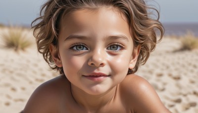 1girl,solo,looking at viewer,smile,short hair,blue eyes,brown hair,closed mouth,nude,outdoors,sky,day,blurry,blue sky,lips,grey eyes,blurry background,portrait,forehead,realistic,sand,blonde hair,eyelashes,wind,close-up