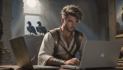 solo,short hair,blue eyes,blonde hair,brown hair,shirt,1boy,sitting,white shirt,male focus,indoors,book,window,facial hair,bird,animal,chair,sunlight,pectorals,beard,light rays,stubble,vambraces,bracer,computer,chest hair,laptop,book stack,looking at viewer,dark skin,lips,realistic,mustache