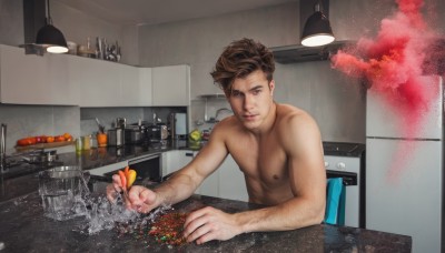 solo,looking at viewer,short hair,brown hair,1boy,holding,brown eyes,closed mouth,nipples,upper body,male focus,nude,food,indoors,water,table,fire,pectorals,topless male,realistic,chest hair,cooking,kitchen,sink,shrimp,smile,sitting,artist name,muscular,facial hair,bottle,muscular male,stubble,frying pan,arm hair,cutting board,onion