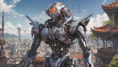 solo,weapon,outdoors,sky,day,cloud,tree,blue sky,no humans,bird,robot,building,scenery,mecha,science fiction,city,cityscape,cable,architecture,humanoid robot,orange eyes,glowing,robot joints