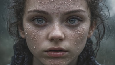 1girl,solo,looking at viewer,brown hair,black hair,closed mouth,parted lips,blurry,lips,wet,grey eyes,eyelashes,blurry background,portrait,close-up,rain,water drop,realistic,nose,wet hair,long hair,freckles