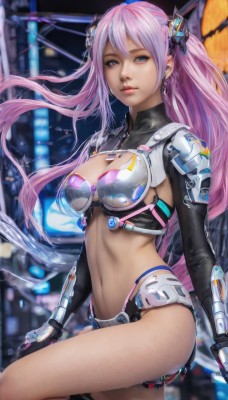 1girl,solo,long hair,breasts,looking at viewer,bangs,blue eyes,hair ornament,gloves,navel,cleavage,twintails,jewelry,medium breasts,underwear,pink hair,earrings,parted lips,black gloves,midriff,fingerless gloves,stomach,nail polish,armor,blurry,lips,makeup,blurry background,headgear,leg up,science fiction,realistic,bikini armor