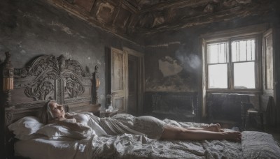 1girl,solo,long hair,brown hair,black hair,dress,jewelry,closed eyes,lying,barefoot,indoors,white dress,pillow,window,bed,bed sheet,on bed,on side,sunlight,sleeping,scenery,realistic,blanket,candle,statue,candlestand,breasts,on back,cup,chair,table,bottle,bedroom,fine art parody