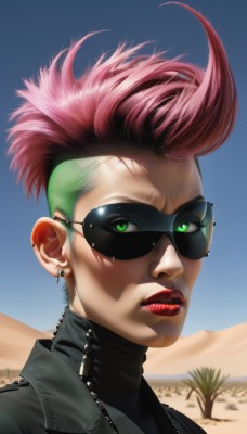 1girl,solo,looking at viewer,short hair,jewelry,green eyes,jacket,pink hair,red hair,multicolored hair,earrings,outdoors,parted lips,sky,teeth,day,artist name,vest,tree,blue sky,lips,makeup,turtleneck,scar,piercing,sunglasses,lipstick,ear piercing,portrait,zipper,realistic,nose,red lips,stud earrings,eyeliner,very short hair,undercut,mascara,mohawk,desert,upper body,signature,eyelashes,cross,asymmetrical hair,sand,leather,cross earrings,leather jacket,aviator sunglasses