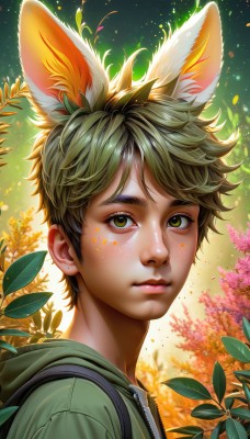 solo,looking at viewer,short hair,bangs,1boy,animal ears,closed mouth,green eyes,jacket,yellow eyes,upper body,male focus,green hair,artist name,hood,rabbit ears,lips,animal ear fluff,fox ears,eyelashes,hoodie,leaf,watermark,plant,portrait,web address,extra ears,zipper,freckles,realistic,nose,brown hair,brown eyes,outdoors,tree,thick eyebrows,hood down,green jacket