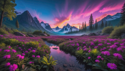 flower, outdoors, sky, cloud, water, tree, no humans, night, grass, star (sky), nature, night sky, scenery, starry sky, reflection, sunset, mountain, landscape, mountainous horizon