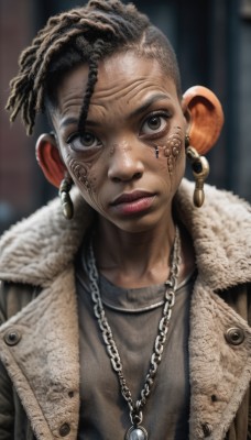 1girl,solo,looking at viewer,short hair,shirt,black hair,brown eyes,jewelry,closed mouth,jacket,upper body,male focus,earrings,open clothes,dark skin,necklace,blurry,vest,sweater,open jacket,dark-skinned female,lips,fur trim,makeup,blurry background,chain,realistic,nose,facepaint,dreadlocks,tattoo,facial mark,hoop earrings,undercut,facial tattoo,very dark skin,mohawk