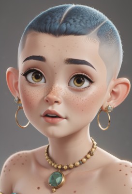 1girl,solo,looking at viewer,short hair,open mouth,simple background,bare shoulders,brown eyes,jewelry,blue hair,collarbone,yellow eyes,upper body,earrings,parted lips,teeth,pointy ears,grey background,necklace,lips,eyelashes,strapless,gem,portrait,freckles,hoop earrings,realistic,very short hair,body freckles,artist name,watermark,web address,close-up,gold