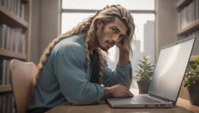 solo,long hair,looking at viewer,smile,blonde hair,brown hair,shirt,long sleeves,1boy,brown eyes,sitting,jacket,upper body,male focus,parted lips,open clothes,indoors,dark skin,blurry,open jacket,book,black shirt,window,blurry background,facial hair,chair,table,dark-skinned male,plant,beard,desk,realistic,stubble,bookshelf,potted plant,computer,laptop,day,artist name,lips,blue shirt