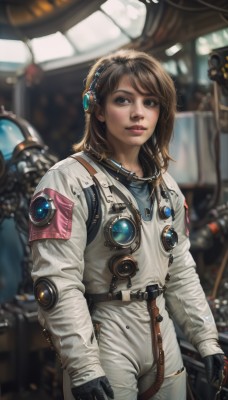 1girl,solo,long hair,looking at viewer,smile,brown hair,gloves,brown eyes,standing,cowboy shot,parted lips,black gloves,medium hair,blurry,lips,bodysuit,depth of field,blurry background,armband,headset,freckles,science fiction,realistic,nose,cable,spacesuit,astronaut,long sleeves,belt,spacecraft