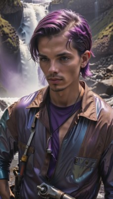 1girl,solo,looking at viewer,short hair,shirt,long sleeves,1boy,jewelry,closed mouth,jacket,upper body,weapon,purple hair,male focus,outdoors,water,necklace,blurry,black eyes,lips,hand on hip,gun,facial hair,beard,freckles,realistic,nose,purple shirt,leather,waterfall,black hair,dark skin,grey eyes,scar,dark-skinned male,mustache