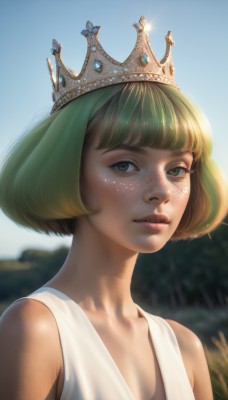 1girl,solo,looking at viewer,short hair,bangs,blonde hair,dress,bare shoulders,green eyes,collarbone,upper body,outdoors,parted lips,green hair,sky,sleeveless,day,artist name,blunt bangs,mole,blurry,flat chest,blue sky,lips,eyelashes,bob cut,tank top,crown,freckles,realistic,nose,teeth,shiny,depth of field,blurry background,sunlight,portrait