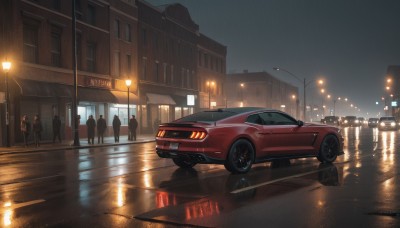 outdoors,multiple boys,sky,water,no humans,night,ground vehicle,building,night sky,scenery,motor vehicle,reflection,rain,city,car,road,multiple others,vehicle focus,lamppost,street,sports car,people,multiple girls,puddle