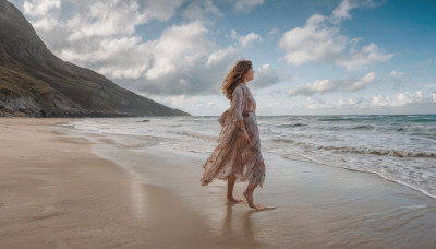 1girl, solo, long hair, brown hair, outdoors, sky, barefoot, day, cloud, water, ocean, beach, scenery, sand, horizon