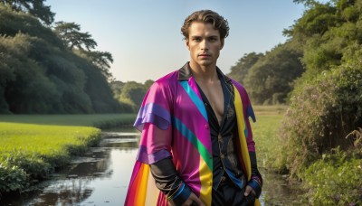 HQ,solo,looking at viewer,short hair,brown hair,shirt,long sleeves,1boy,brown eyes,jewelry,closed mouth,standing,jacket,male focus,outdoors,open clothes,sky,day,collared shirt,pants,signature,water,black eyes,tree,lips,black shirt,black pants,nature,multicolored clothes,reflection,realistic,hands in pockets,multicolored jacket,lake,facial hair,grass,forest