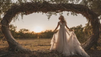 1girl,solo,long hair,brown hair,dress,bare shoulders,standing,outdoors,sky,sleeveless,from behind,white dress,tree,sleeveless dress,sunlight,plant,nature,scenery,forest,backlighting,sunset,wedding dress,skirt hold,long dress,sun,facing away,vines,bare arms,leaf,grass